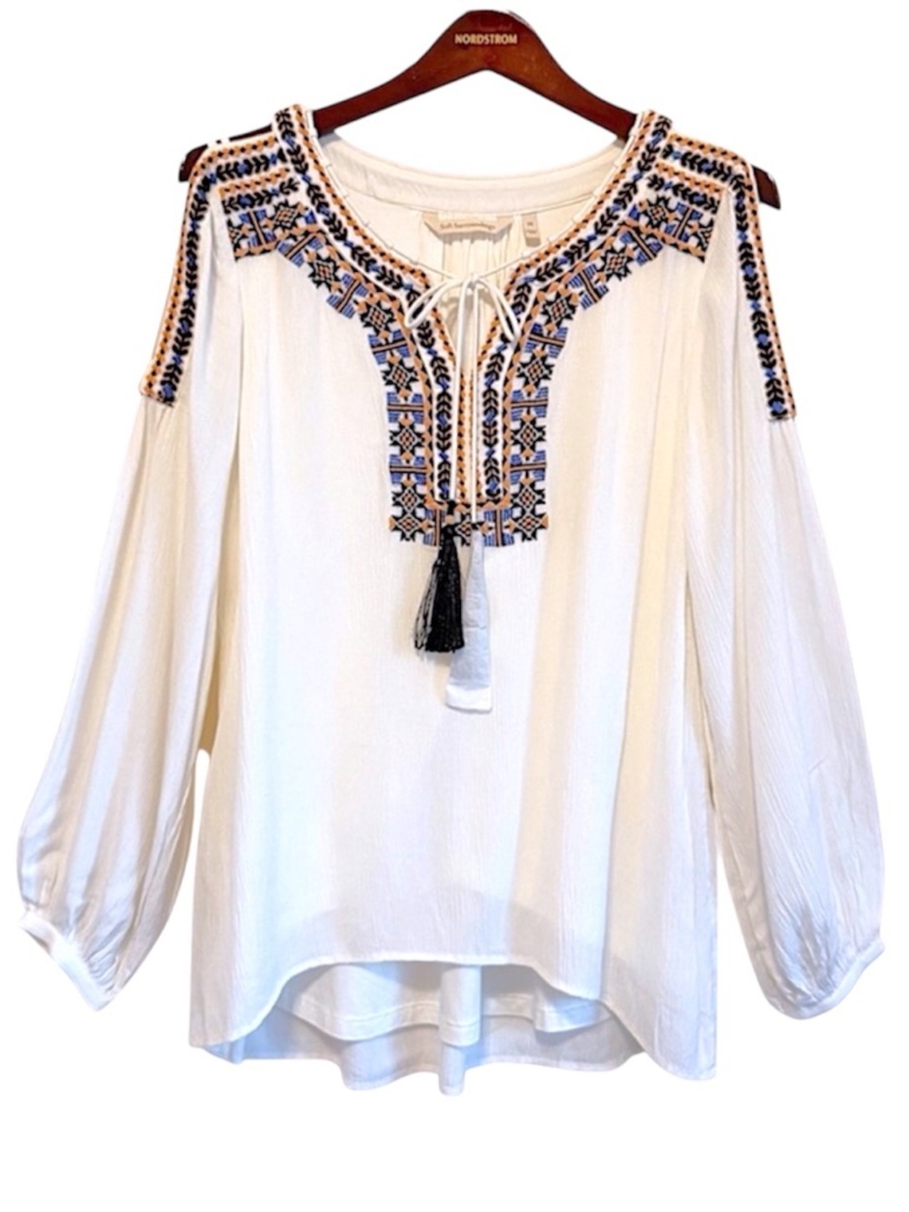 Soft surroundings embroidered tonic top, long sleeve, lined, cream, size PS